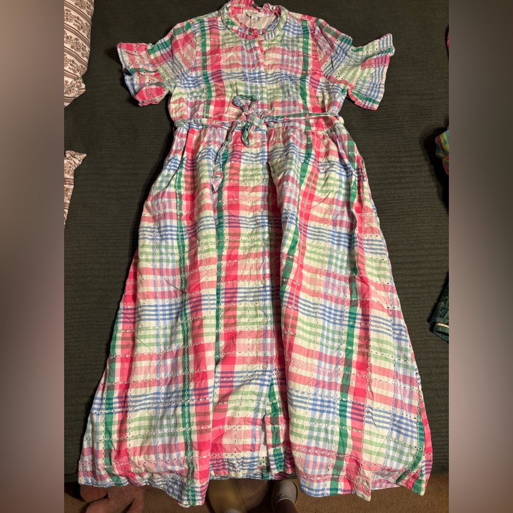 crown & ivy Pink Green Blue Plaid Ruffled Neck Blouse